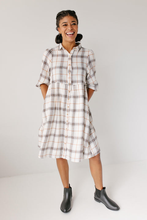 'Resa' Plaid Tiered Button Down Dress in Ivory