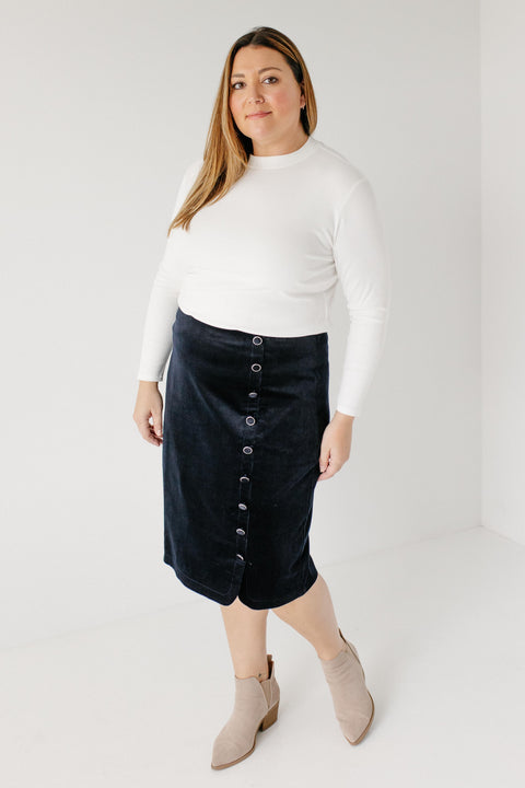 'Diana' Side Button Corduroy Skirt in Navy