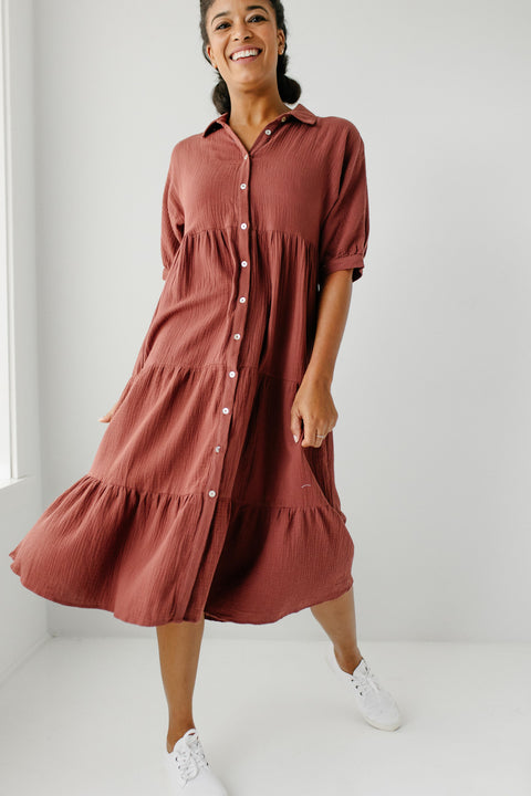 'Ellen' Cotton Gauze Button Down Tiered Dress in Deep Rust