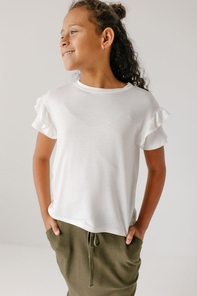 'Elsa' Girl Ruffle Sleeve Top in White