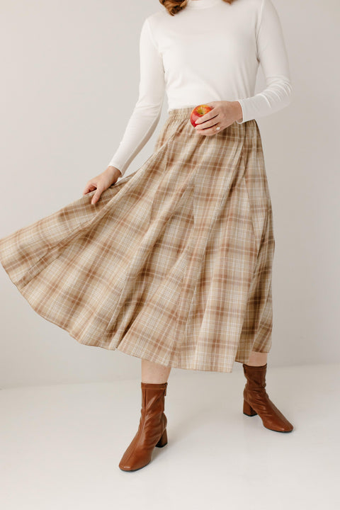 'Wynn' Plaid Godet Cotton Maxi Skirt in Taupe