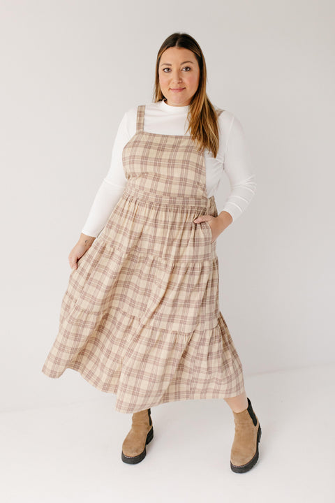 Plus 'Asher' Tiered Plaid Overall Dress in Beige