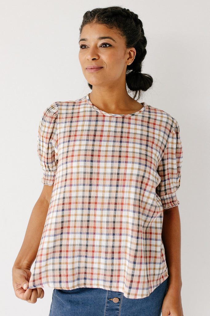 'Judith' Multi Color Gingham Smocked Sleeve Top