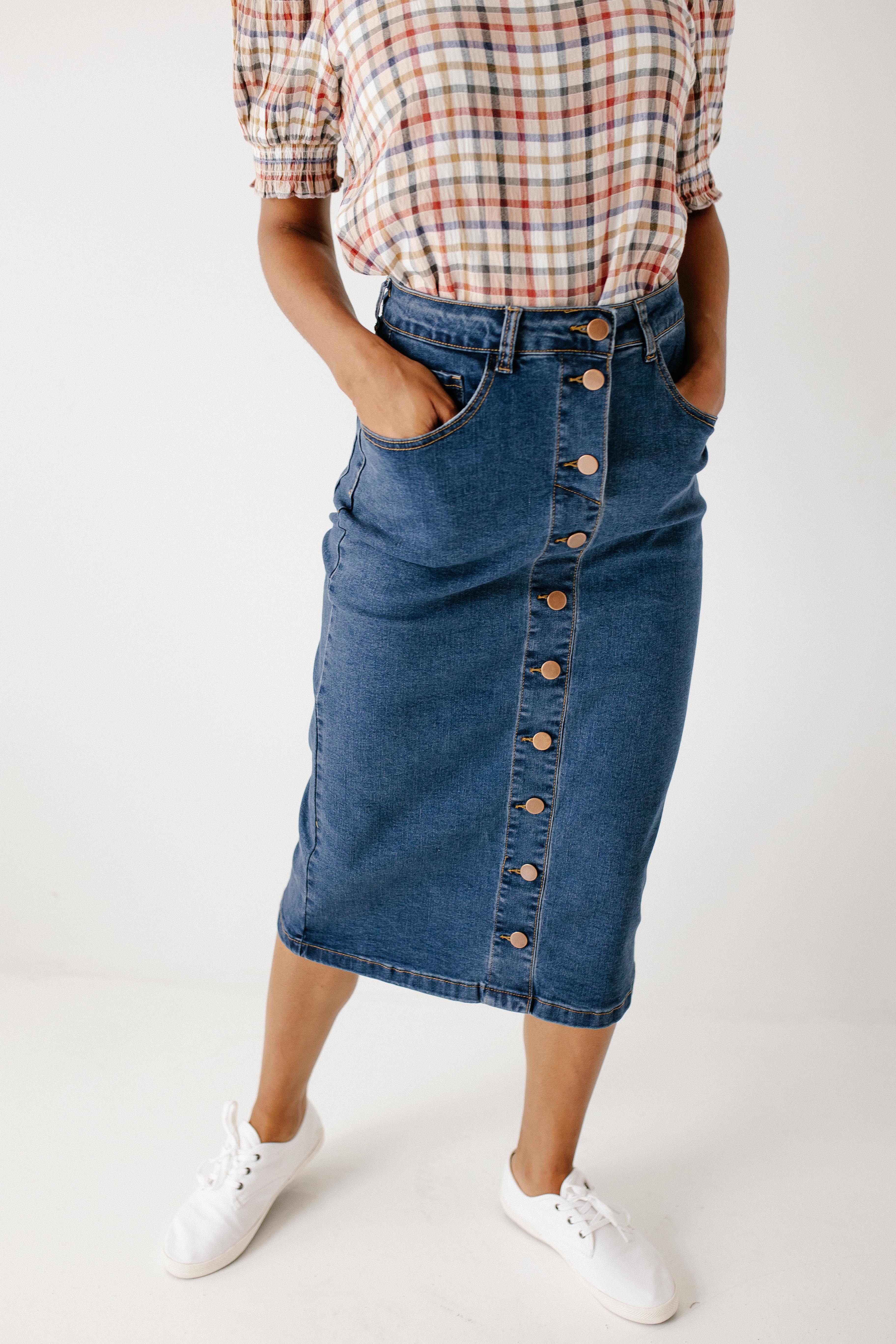 'Leanne' Button Down Denim Midi Skirt in Dark Wash FINAL SALE – The ...