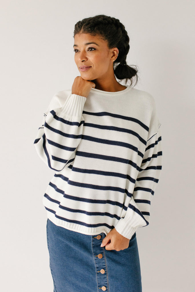 'Mira' Balloon Sleeve Stripe Sweater in Ivory