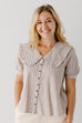 'Louisa' Peter Pan Collar Striped Button Up Top in Taupe