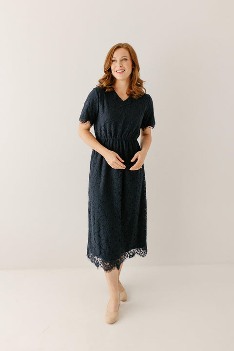 'Odessa' Lace Tea Length Dress in Navy