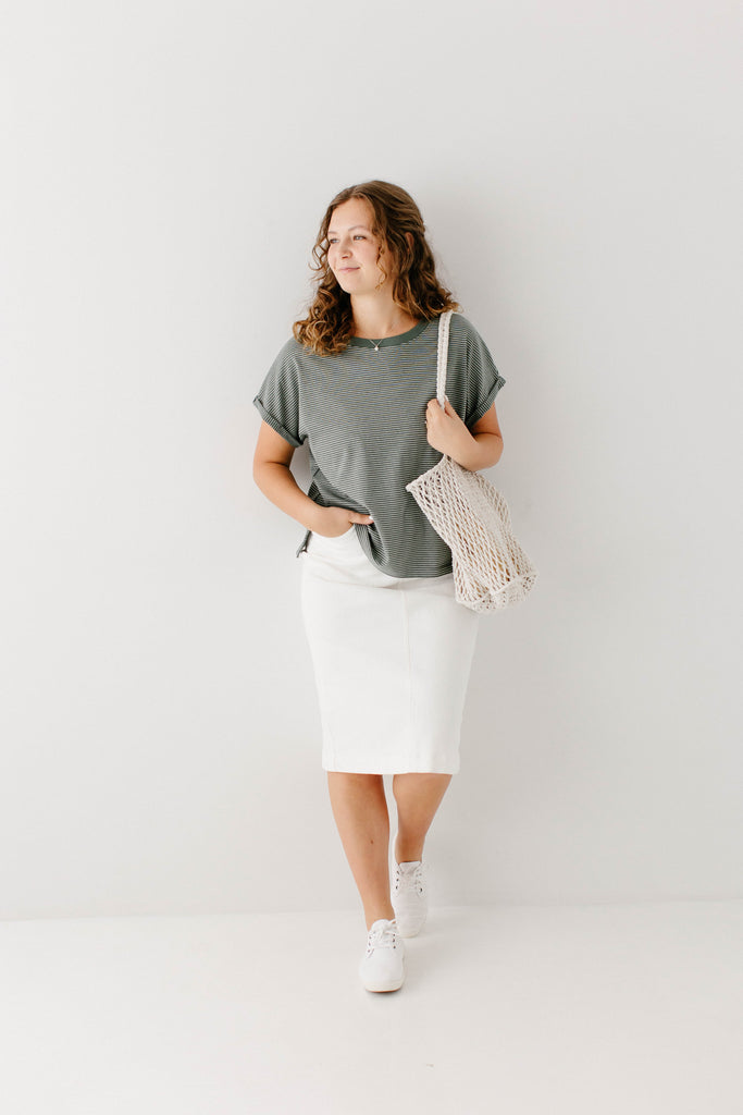 'Miles' Cuffed Sleeve Striped Knit Top in Deep Green