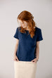 'Reva' Organic Linen Short Sleeve Top in Navy