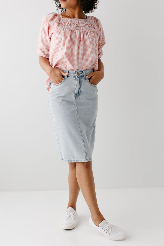 Light Wash Solid Midi Denim Skirt Classy Closet Online Modest Boutique Iowa  – Classy Closet Shop