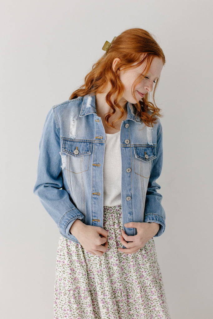 'Kendall' Distressed Denim Jacket in Vintage Wash