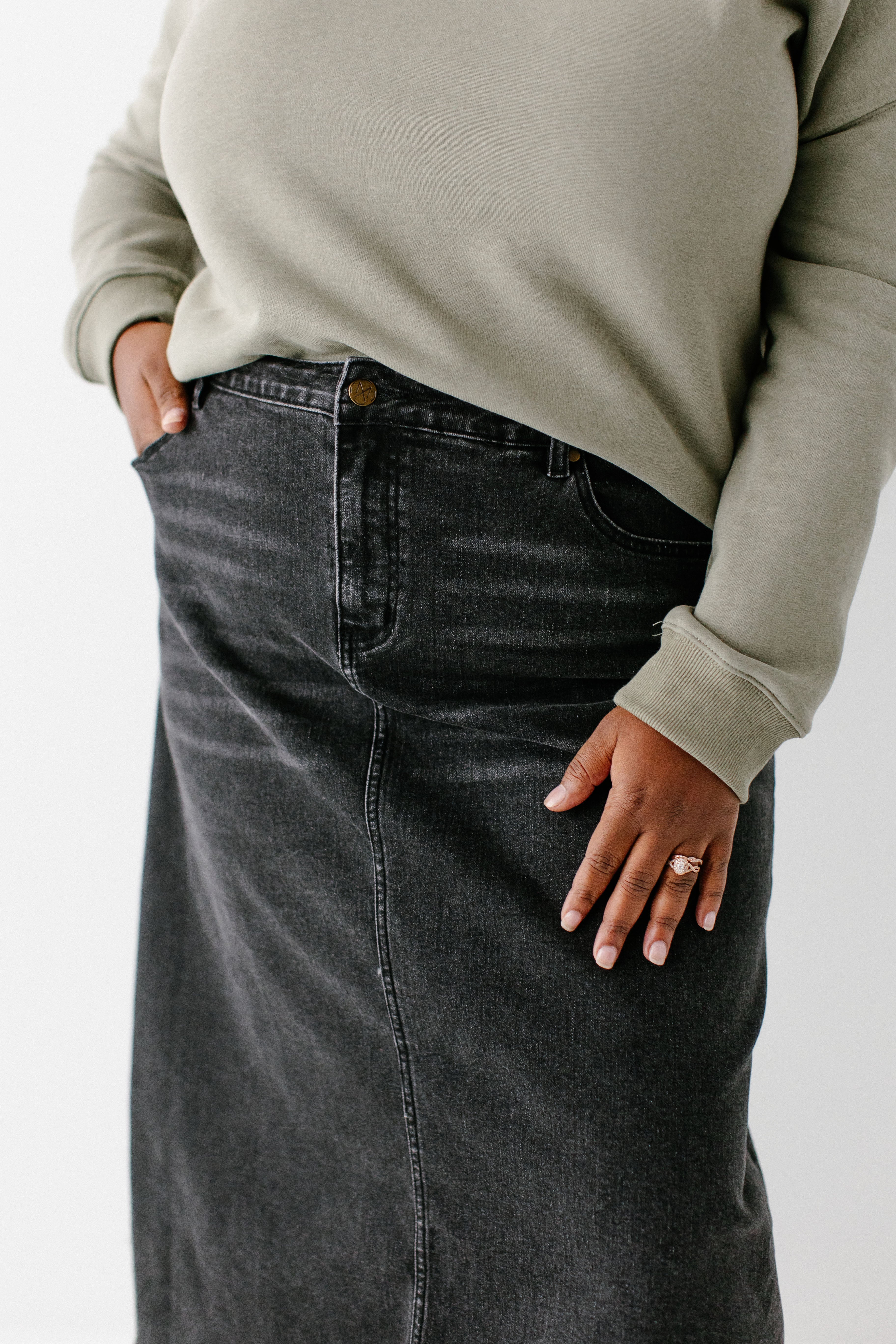 Black Denim Midi Skirt Acid Wash Jean Skirt Plus 'Brooke' A-Line