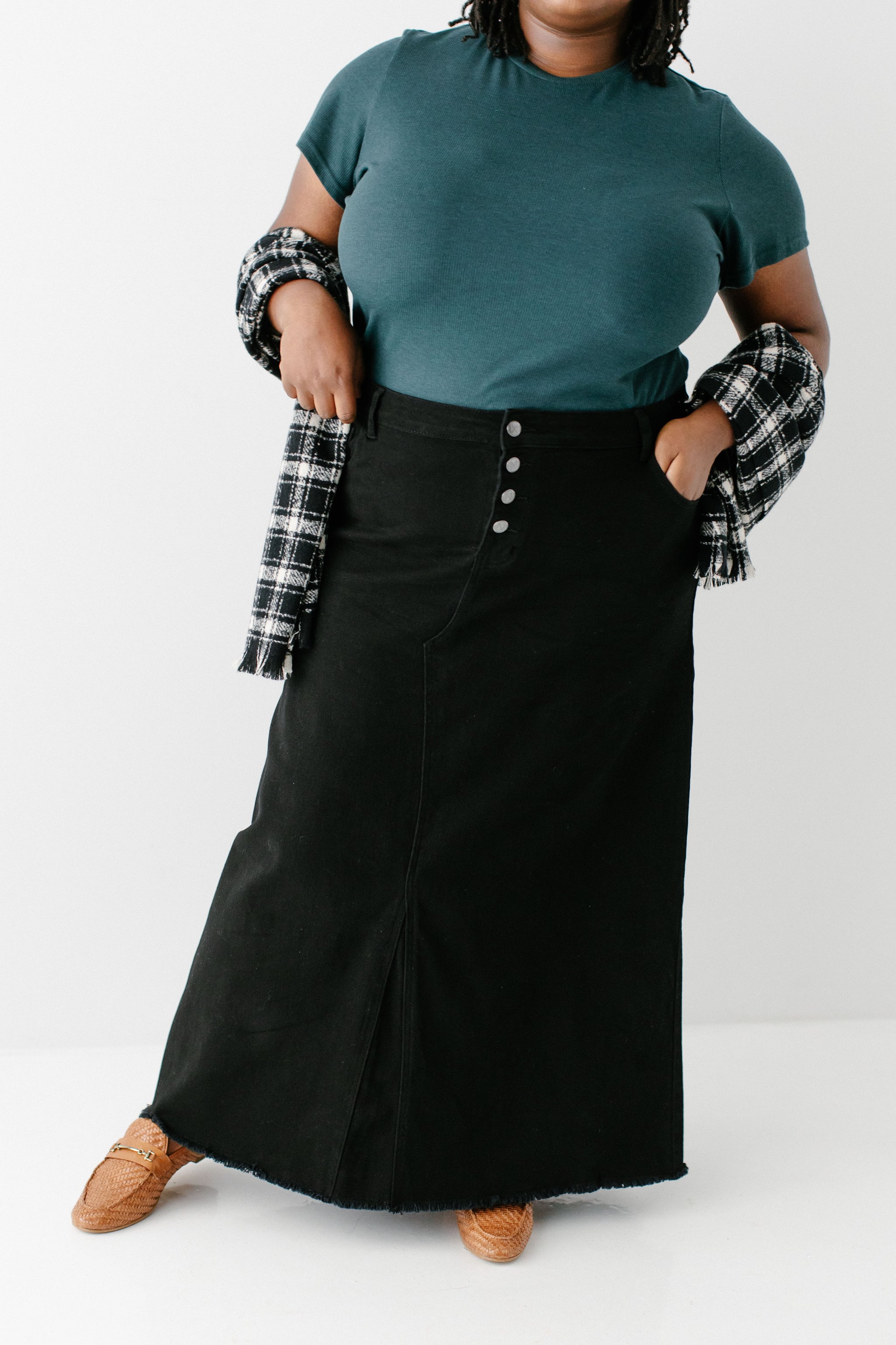 'Haven' Long Knit Denim Skirt in Black FINAL SALE