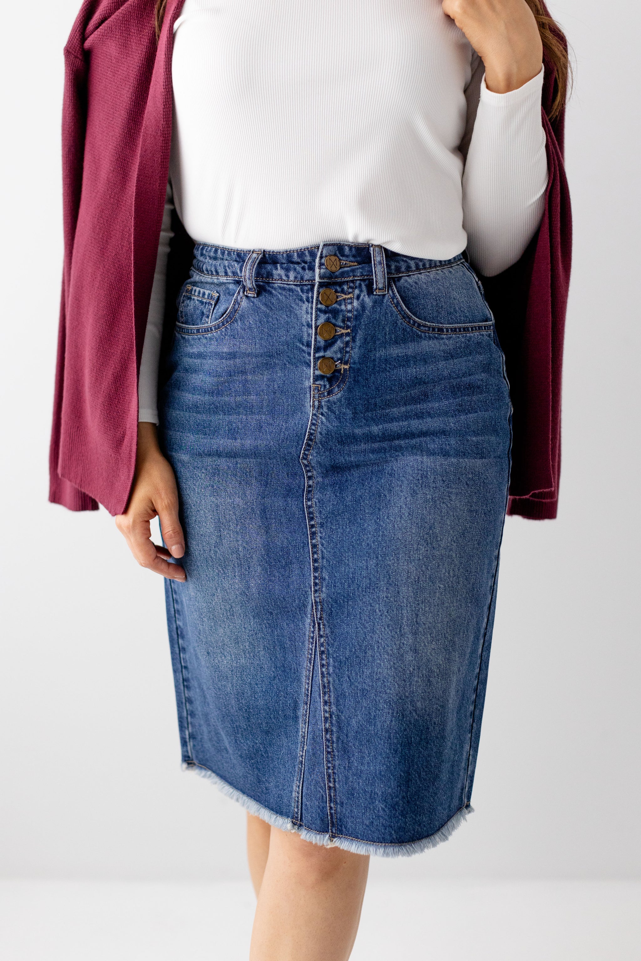 Haven' Knee Length Denim Skirt in Medium Wash FINAL SALE