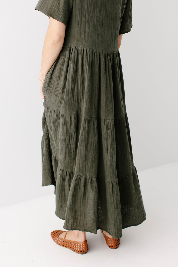 cotton gauze tiered maxi dress 100% Organic Cotton Gauze Tiered Maxi Dress in Khaki Gingham