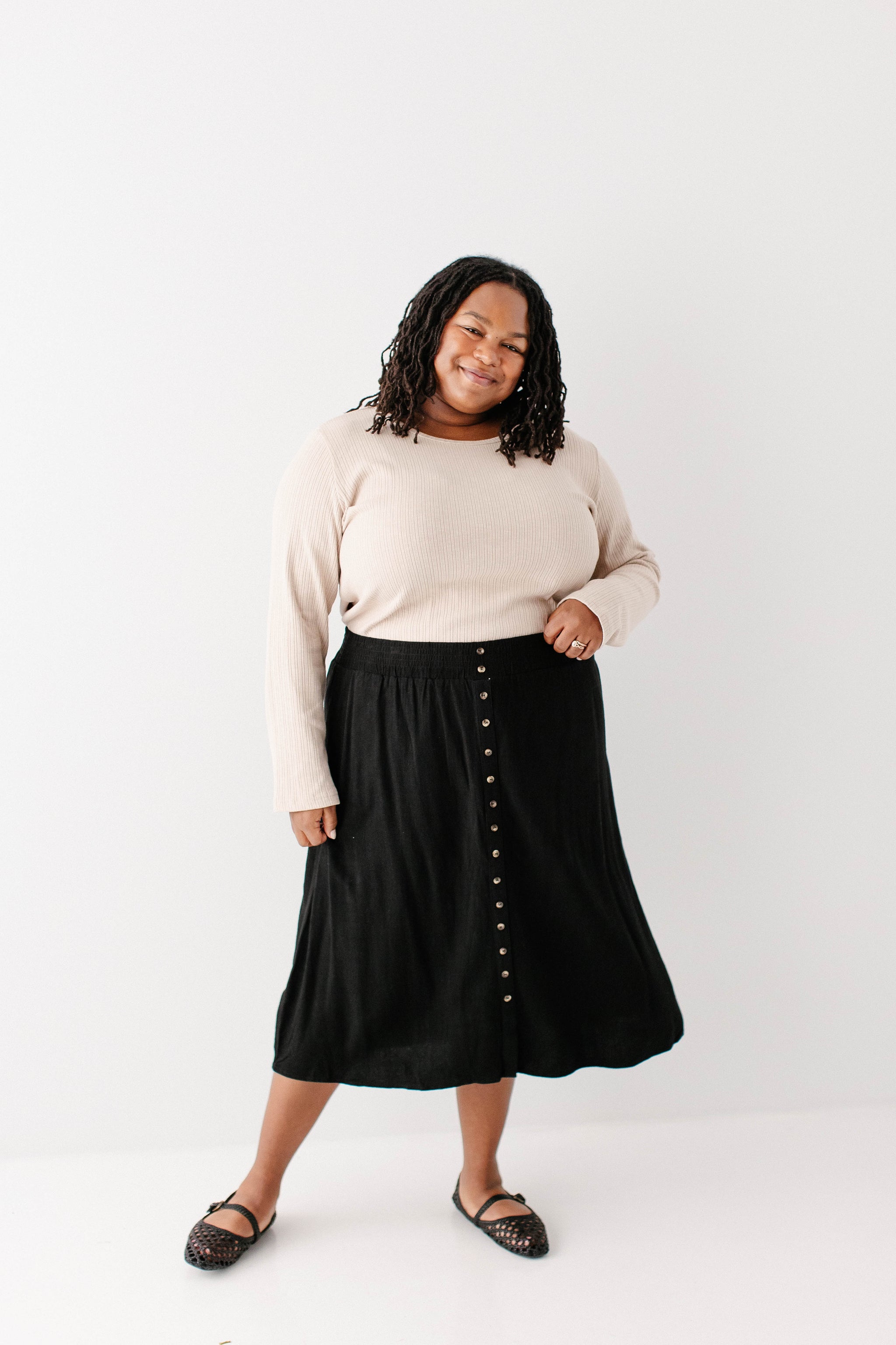 deres Greta / first step skirt （BLACK） Greta' Linen Blend Midi Skirt – The Main Street Exchange
