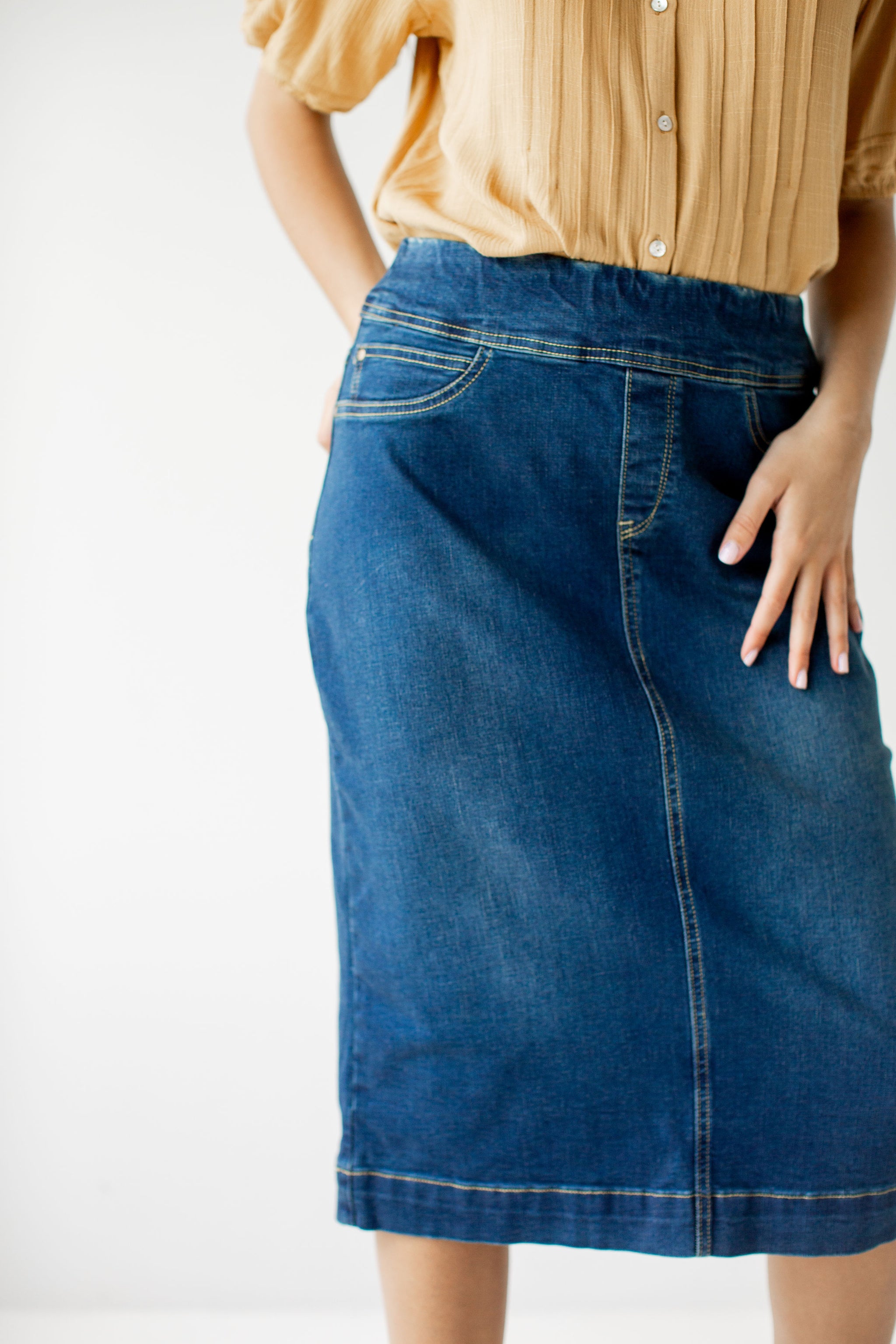 Denim skirt below the knee best sale