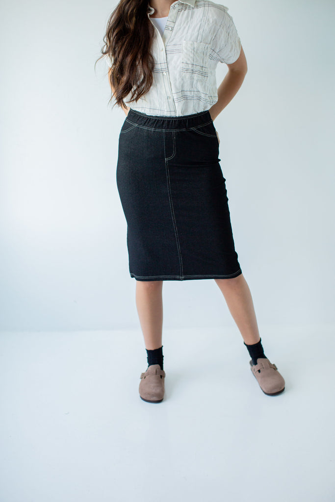 'Piper' Knee Length Knit Denim Skirt | The Main Street Exchange