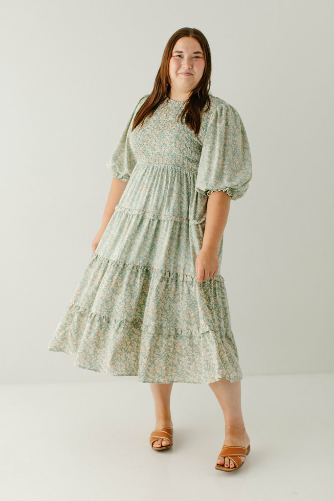Plus 'Etta' Smocked Bodice Tiered Floral Midi Dress in Sage