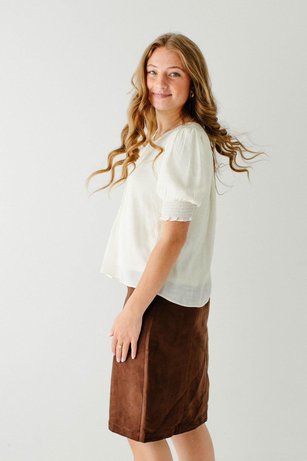 'Ansley' Button Detail Puff Sleeve Top in Cream