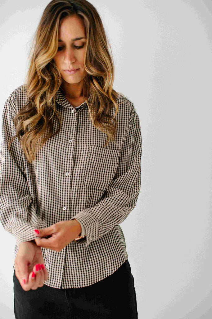 'Holden' Button Up Gingham Top in Black