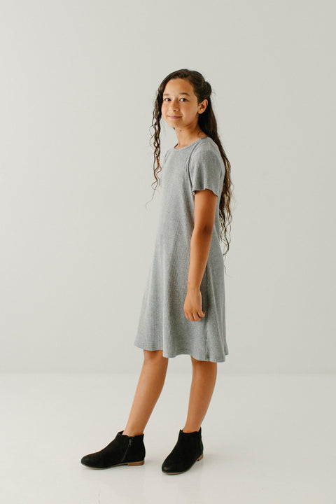 'Hallie' Girl Ribbed Swing Dress in Heather Grey