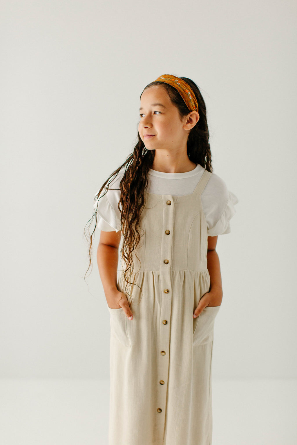 'Cora' Girl Linen Blend Pinafore Dress in Tan