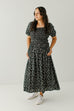 'Patience' Smocked Bodice Square Neck Floral Midi Dress in Black