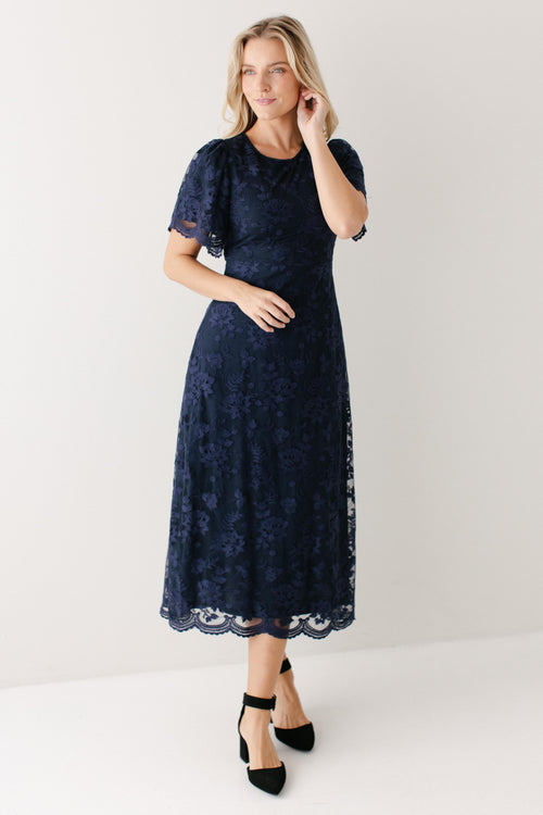 'Catriona' Embroidered Lace Flutter Sleeve Midi Dress