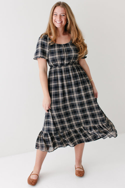 'Teagan' Square Neck Plaid Midi Dress