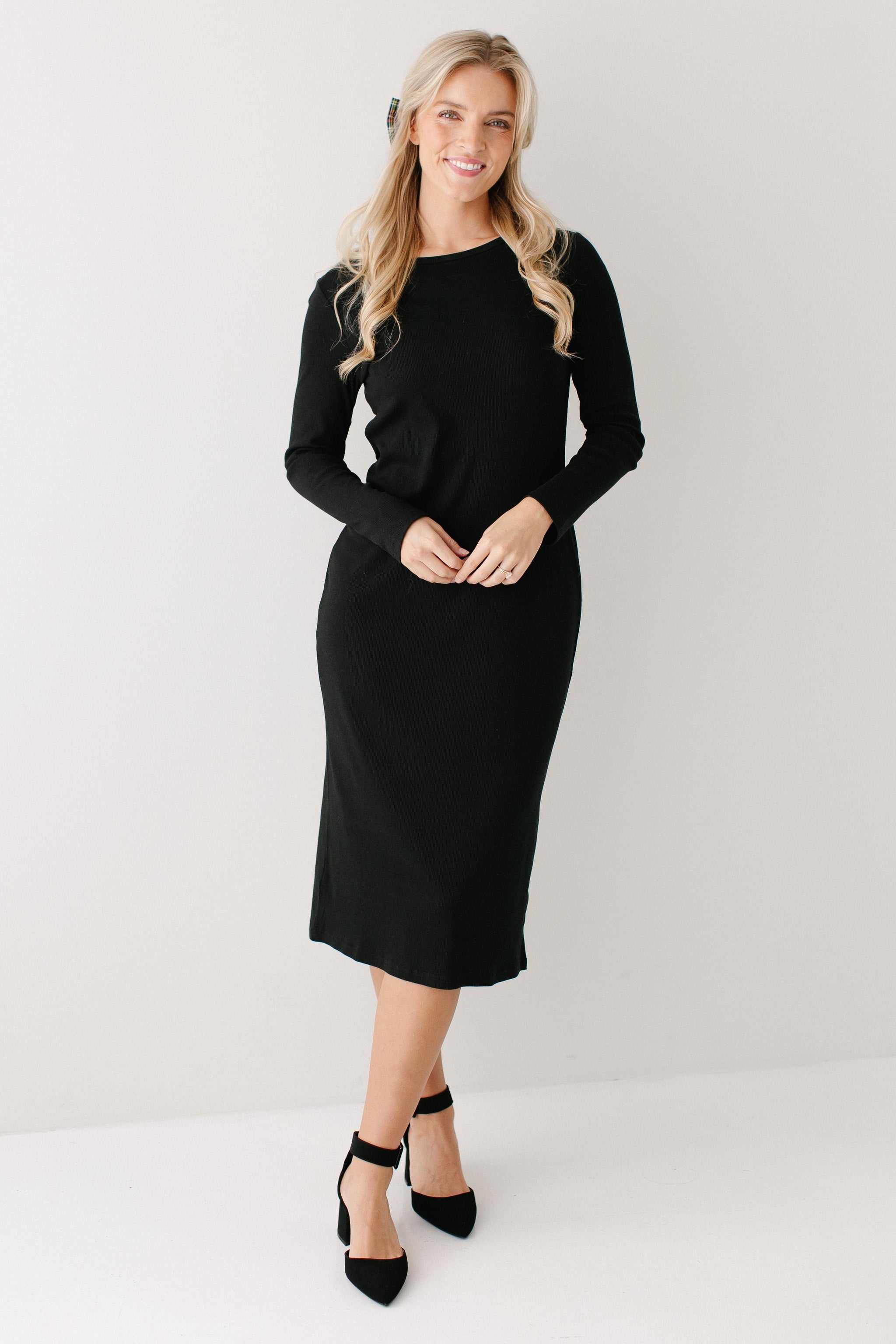 Constance Bamboo Blend Ribbed Long Sleeve Midi Dress FINAL SALE, L / Black Constance Bamboo Blend Ribbed Long Sleeve Midi Dress FINAL SALE, L / Black