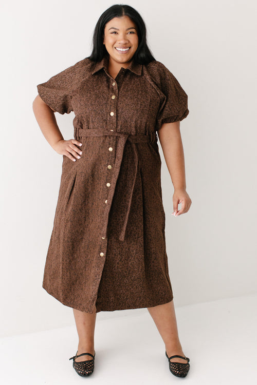 Plus 'Glory' Denim Leopard Print Midi Dress