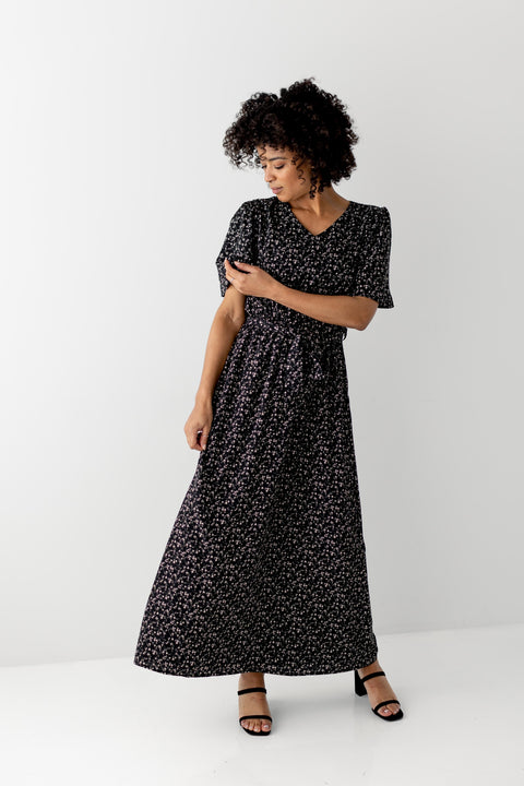 'Esther' Ditsy Floral Maxi Dress in Black