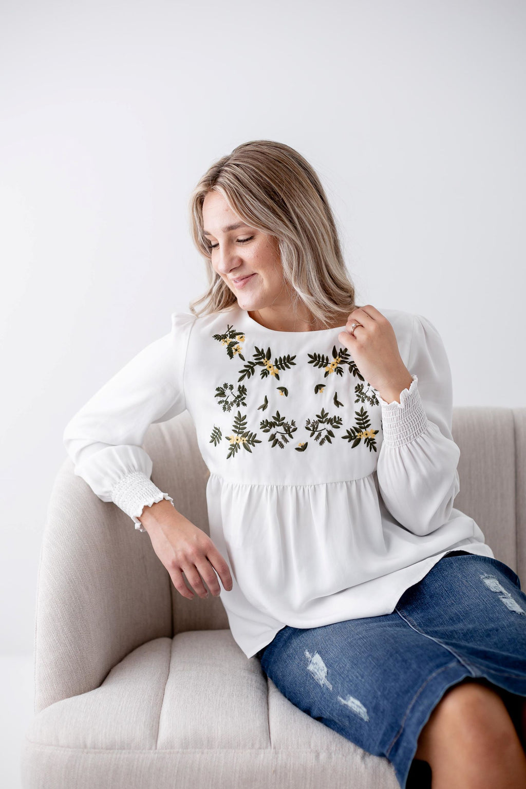 'Novella' Floral Embroidery Blouse in White FINAL SALE