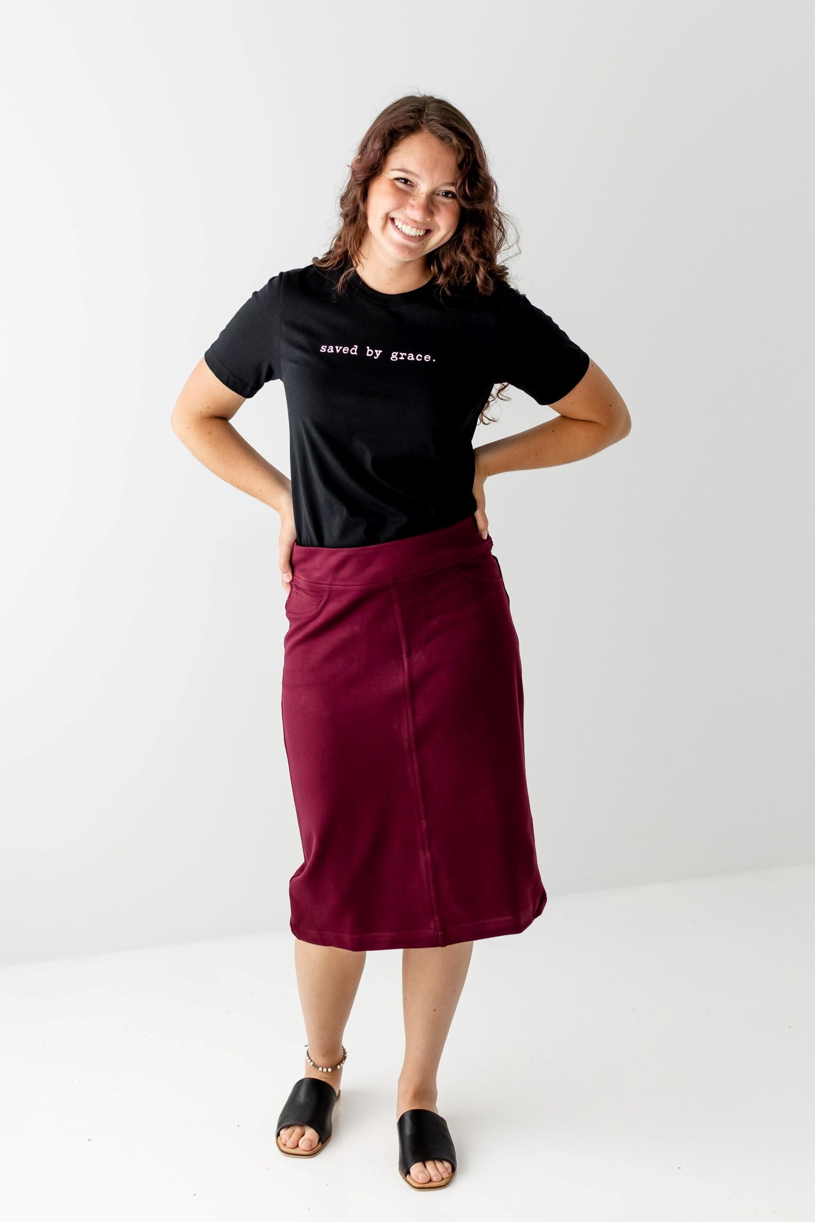 'Sara' Knit Denim Skirt in Burgundy FINAL SALE