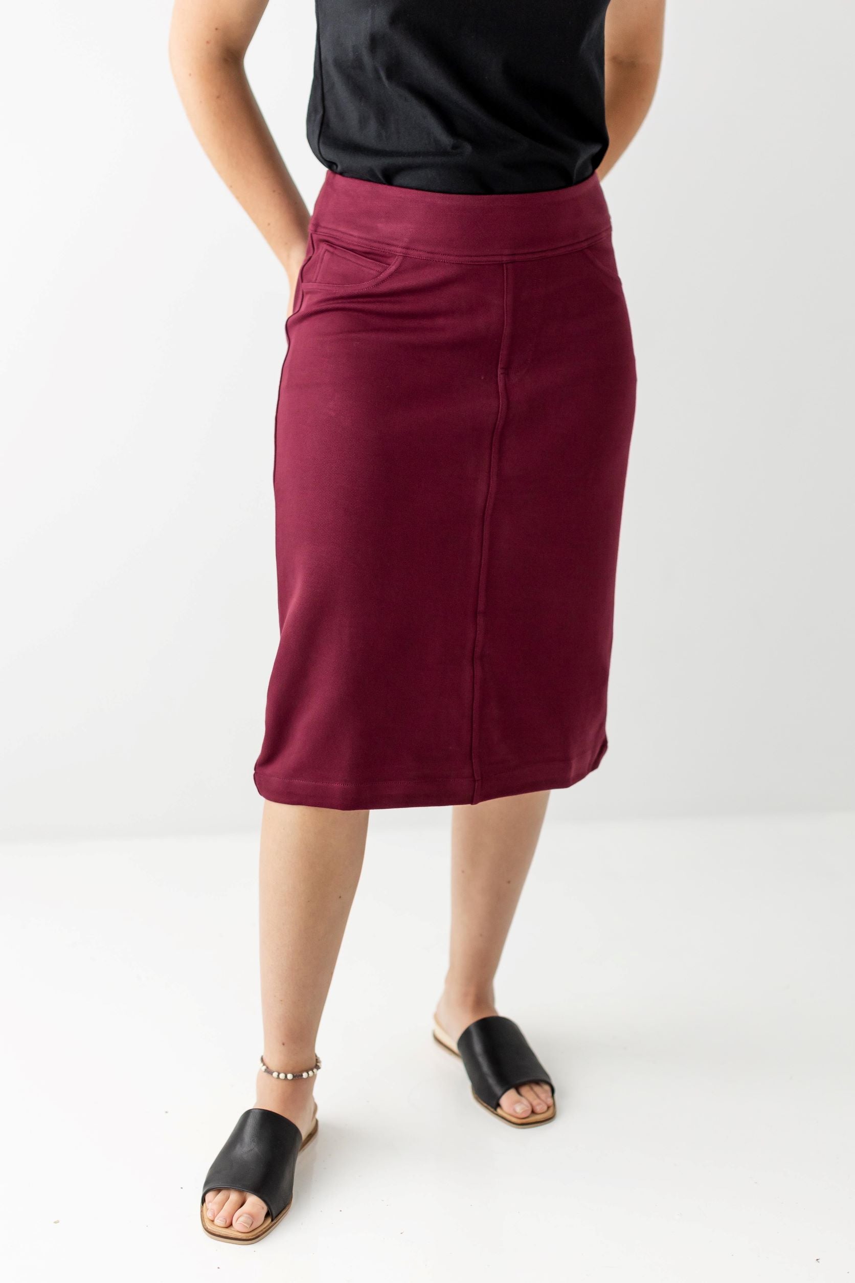 'Sara' Knit Denim Skirt in Burgundy FINAL SALE