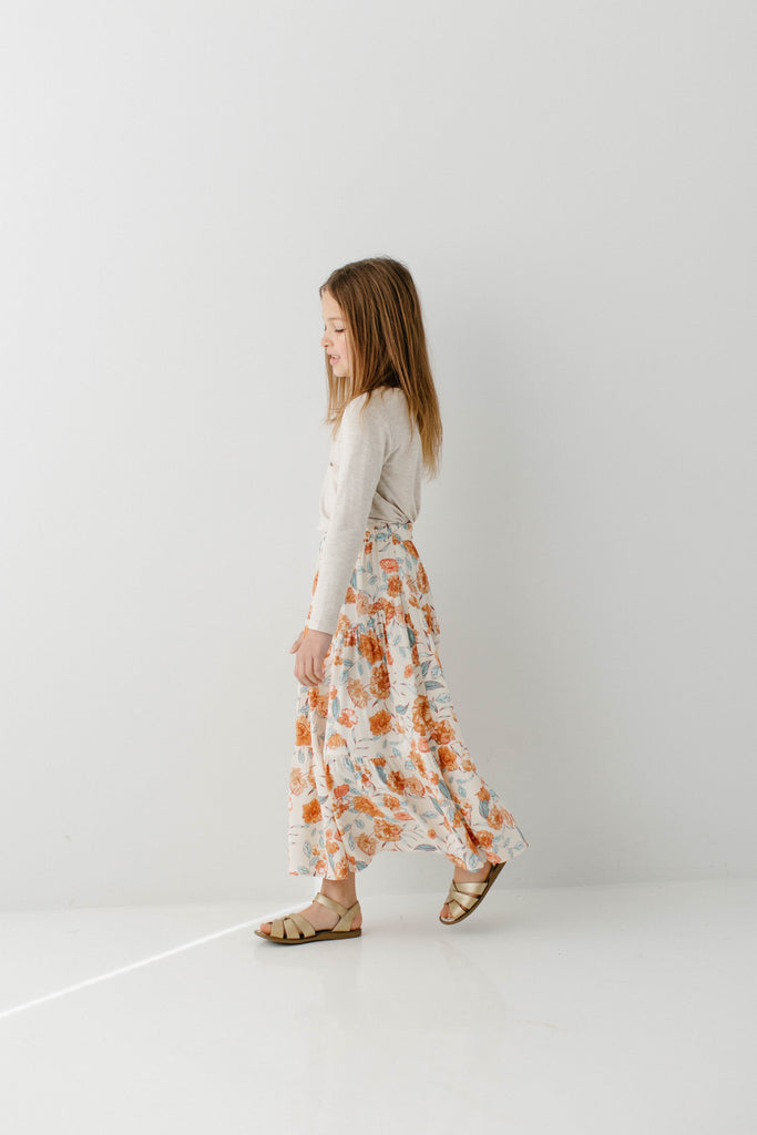 'Layla' Girl Tiered Floral Print Skirt in Off White