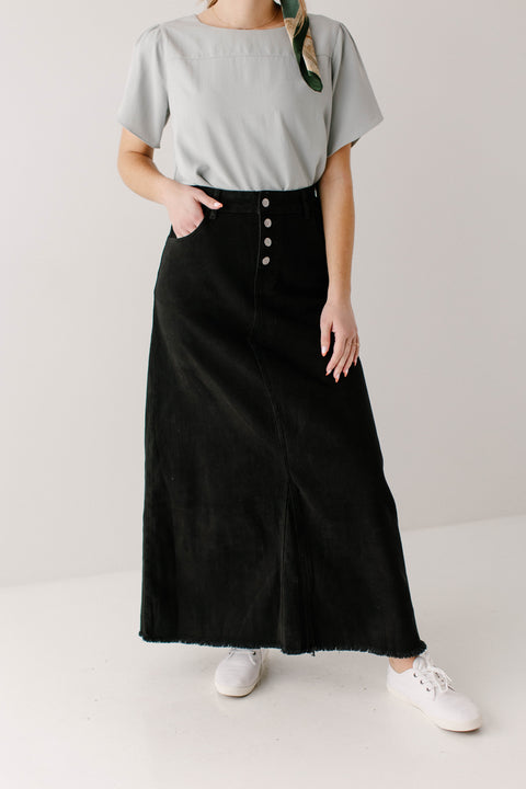 'Haven' Long Knit Denim Skirt in Black