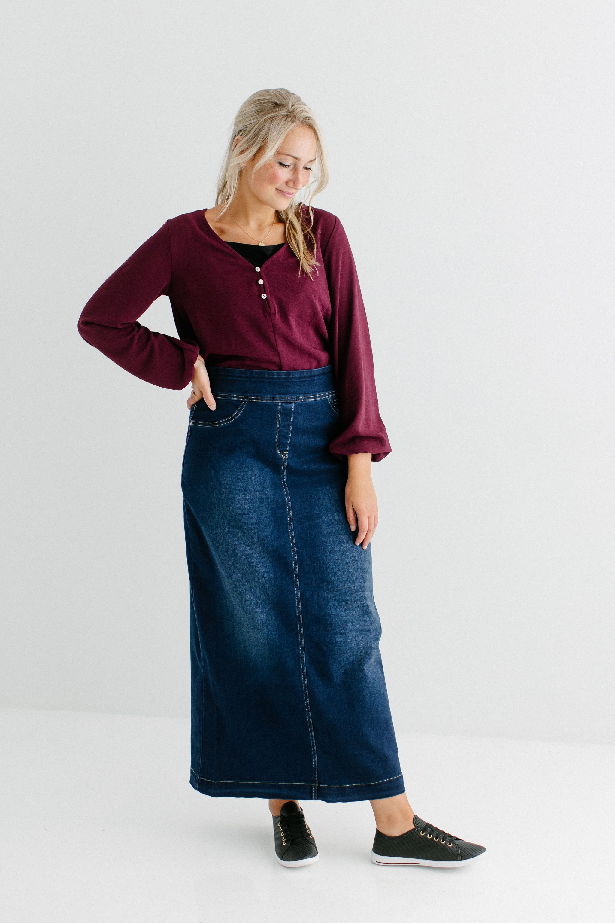 Sara Classic Long Denim Skirt Dark Wash The Main Street Exchange