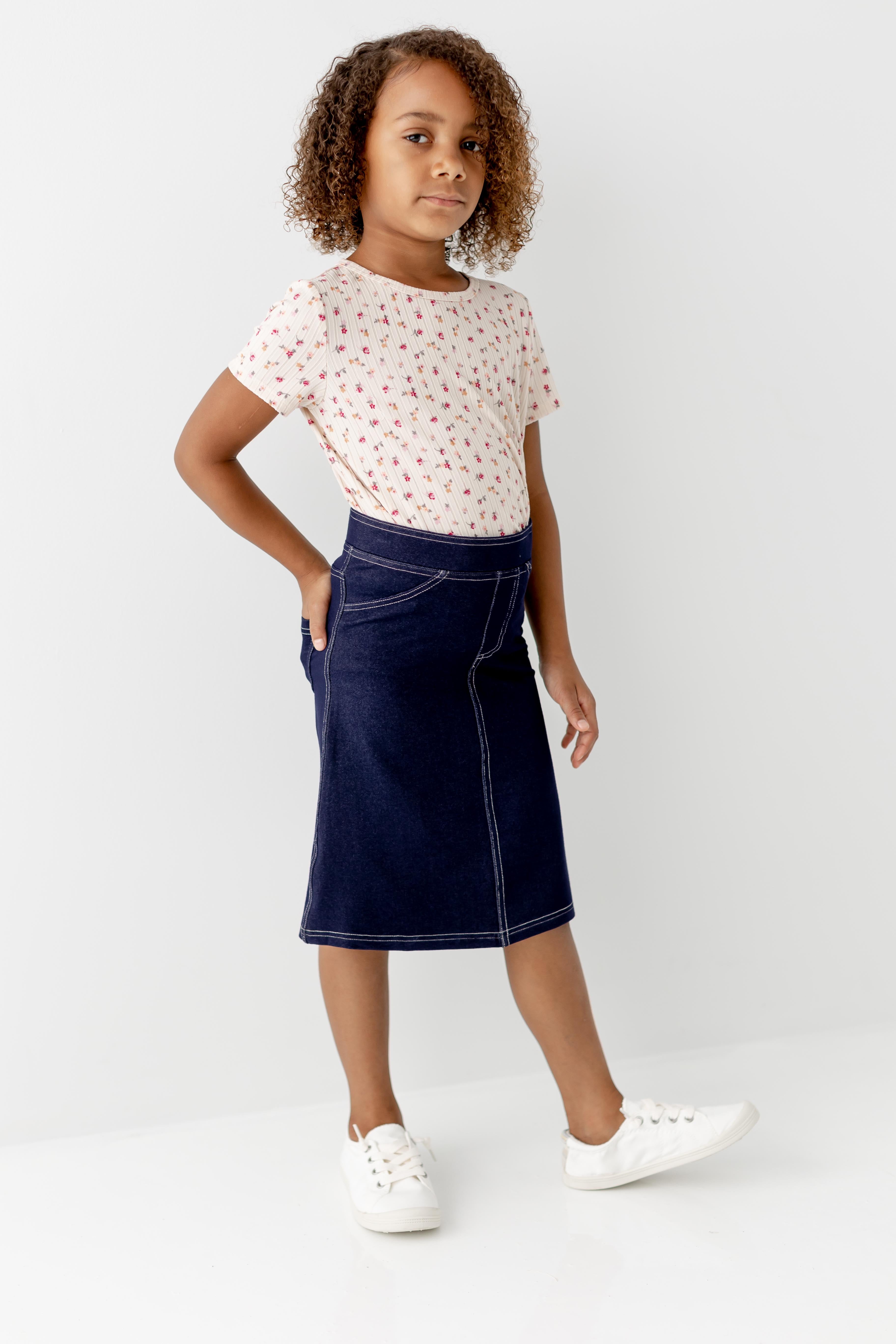 'Piper' Girl Knit Denim Skirt in Navy – The Main Street Exchange