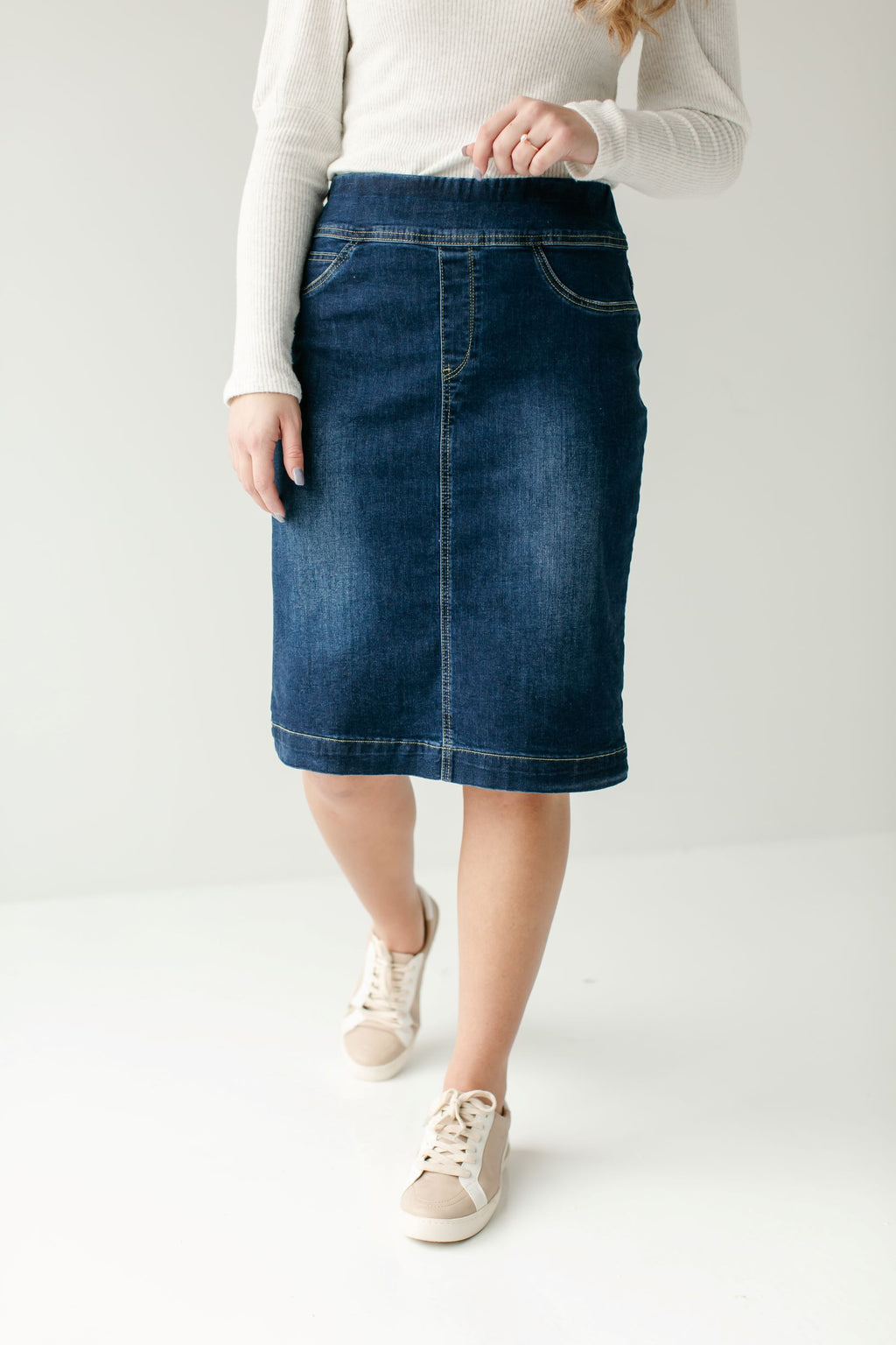 'Sara' Classic Knee Length Dark Denim Skirt